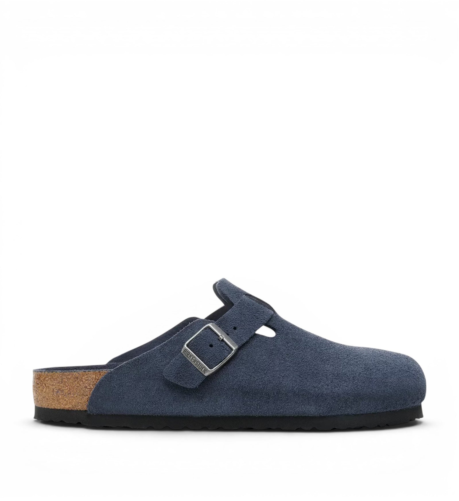 House of Florian Boston Soft Footbed clog in new navy suede leather with adjustable buckle and cork footbed.