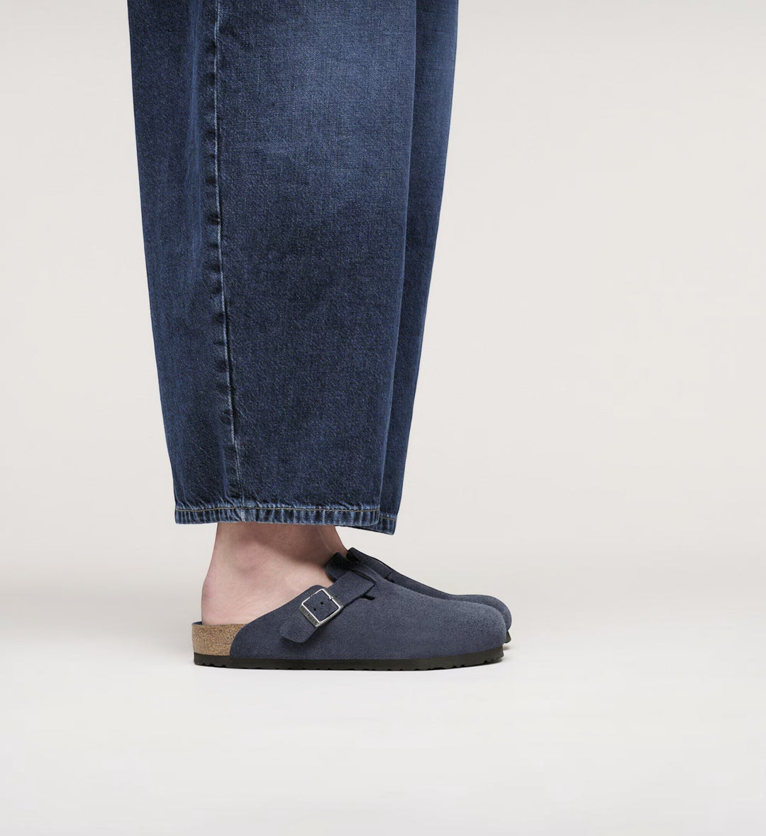 House of Florian navy suede leather Boston clogs with soft footbed and adjustable buckle.