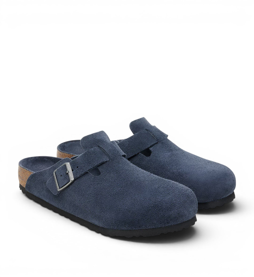 House of Florian Boston Soft Footbed clogs in navy suede leather with adjustable buckle strap.