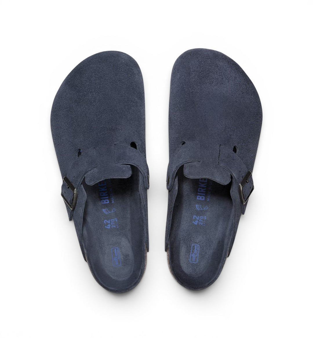 House of Florian Boston Soft Footbed clogs in navy suede leather with adjustable buckle strap.
