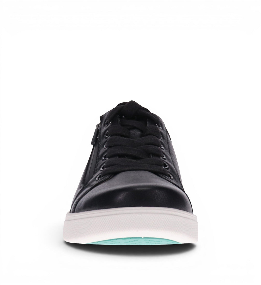 House of Florian Brisbane W Black leather sneakers with lace-up front and side zip detail.