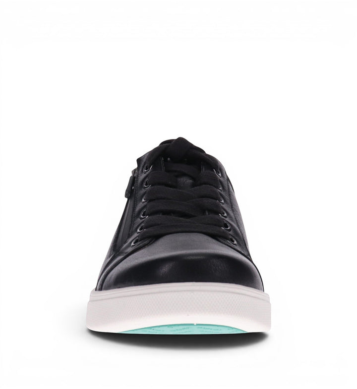 House of Florian Brisbane W Black leather sneakers with lace-up front and side zip detail.