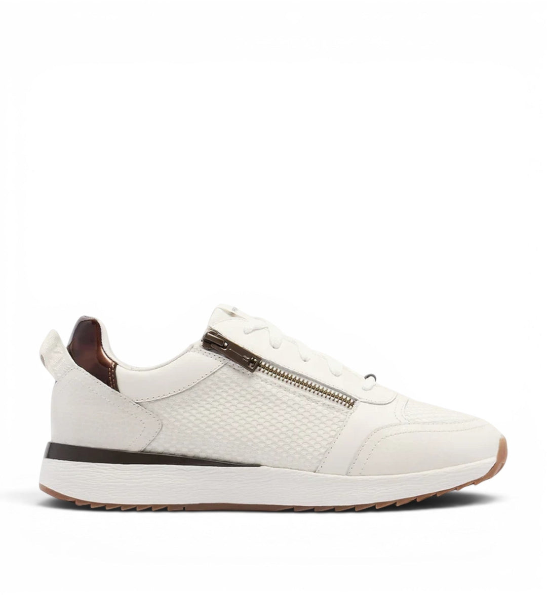 House of Florian Brooklyn III white leather sneakers with tortoiseshell heel detail and side zipper.