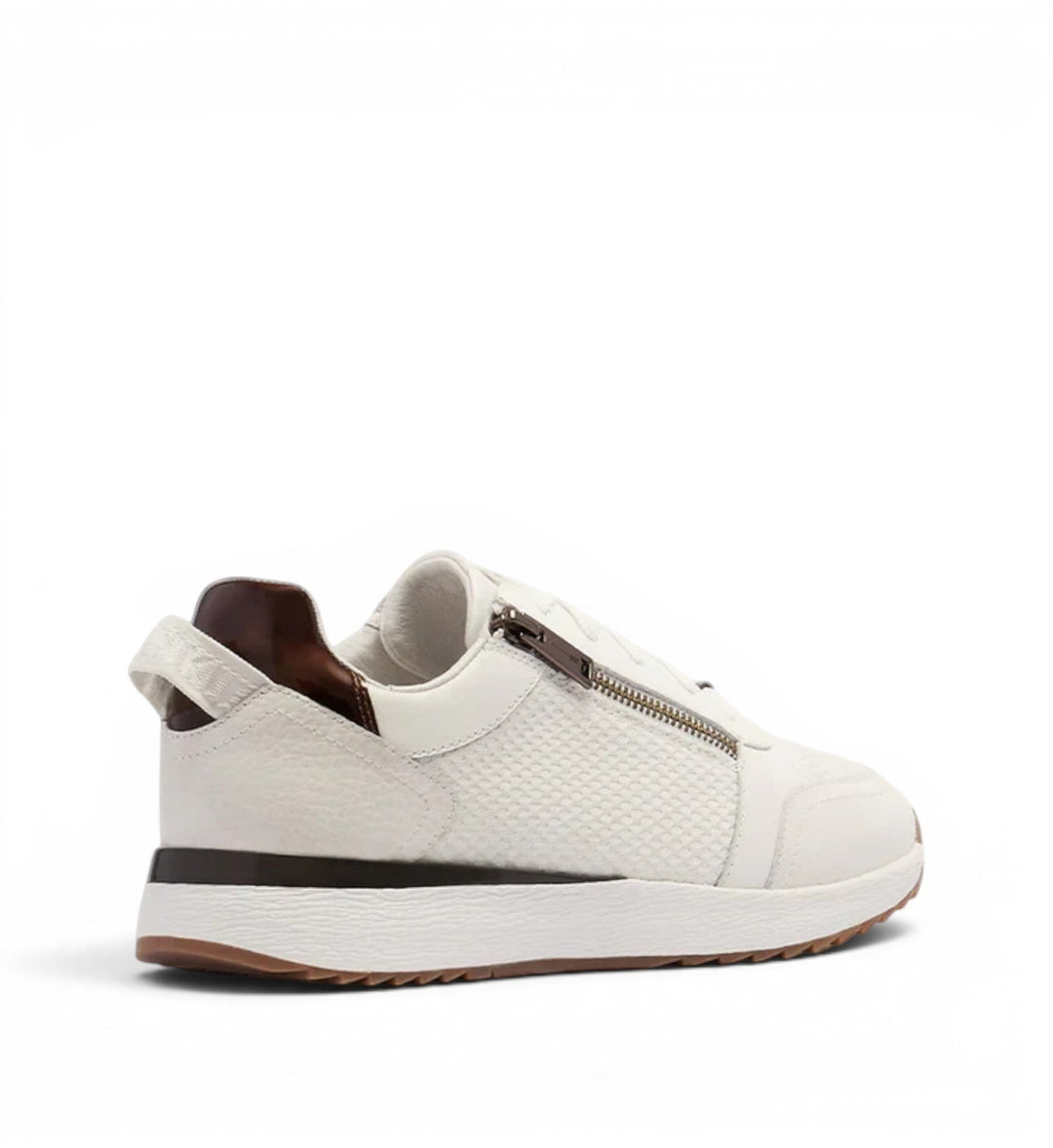 House of Florian Brooklyn III white leather sneakers with tortoiseshell accents and side zipper detail.
