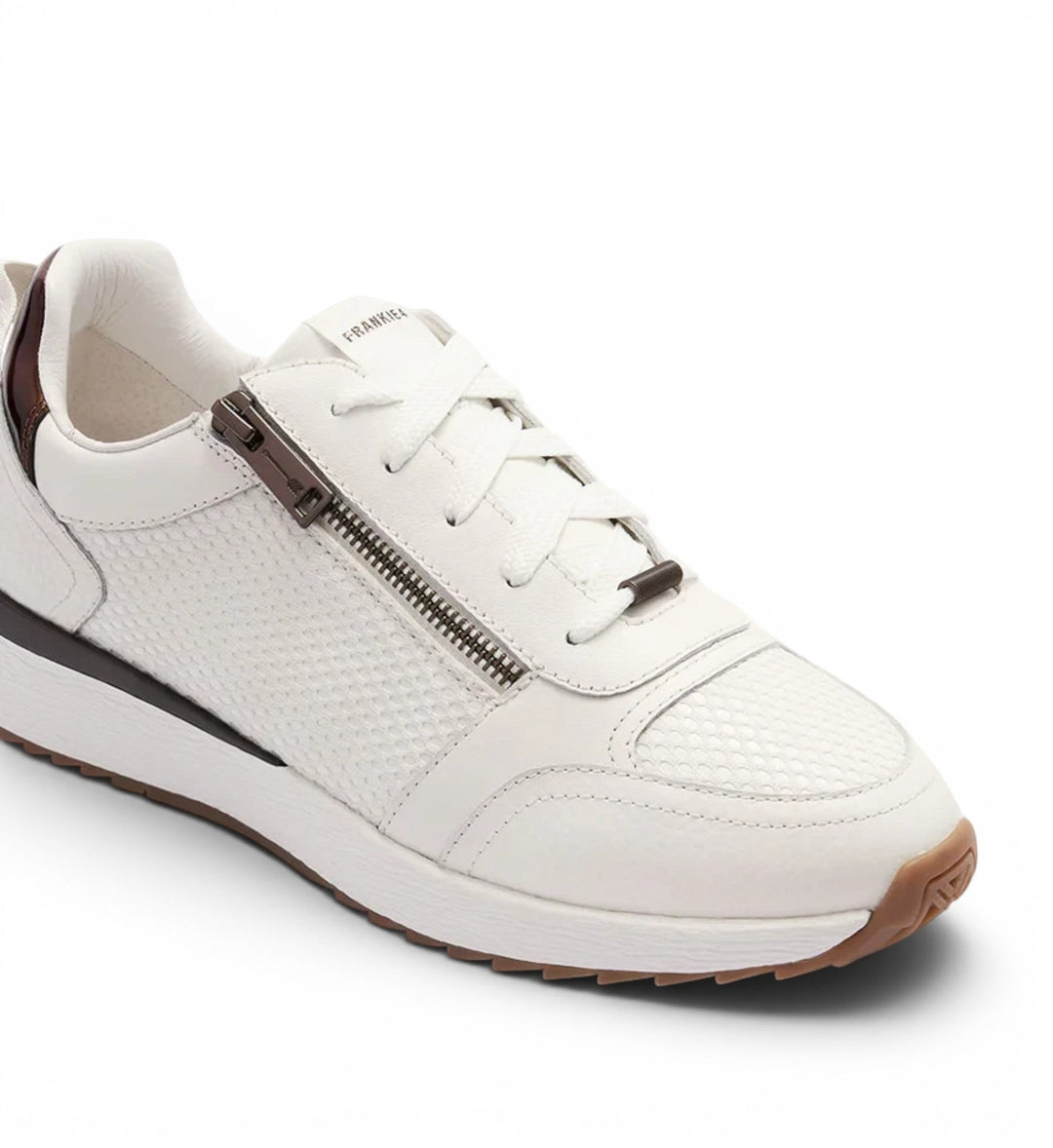 House of Florian Brooklyn III white leather sneakers with tortoiseshell accents and a side zipper.