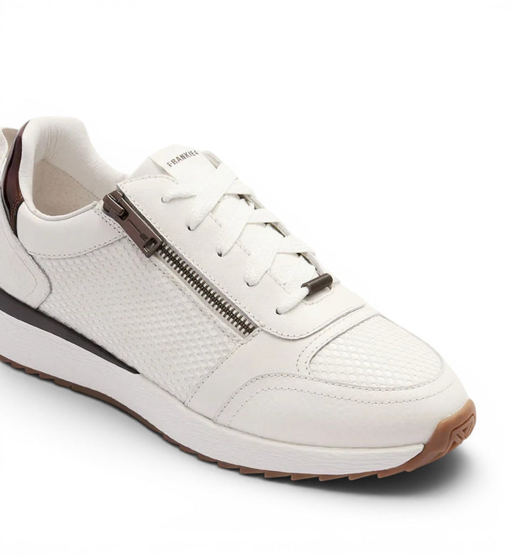 House of Florian Brooklyn III white leather sneakers with tortoiseshell accents and a side zipper.