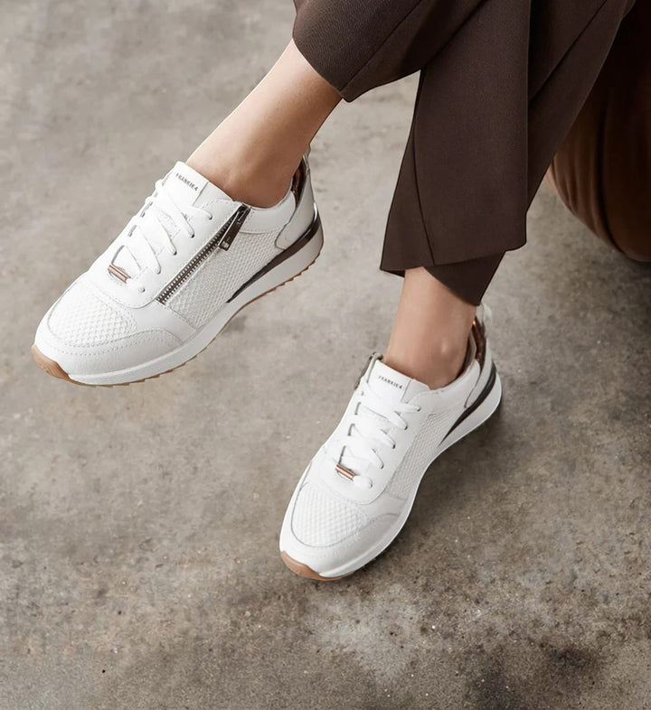 House of Florian Brooklyn III white leather and mesh sneakers with tortoiseshell accents and side zipper detail.