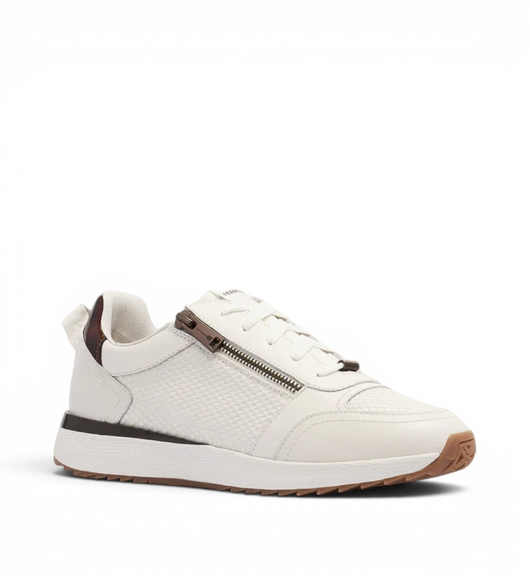 House of Florian Brooklyn III white leather sneakers with tortoiseshell zipper detail and textured side panels.