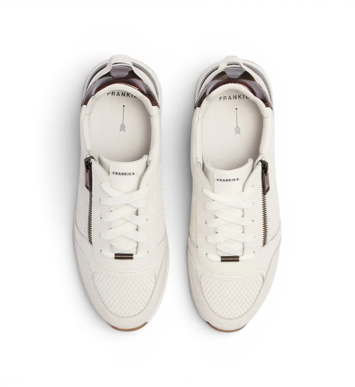 House of Florian Brooklyn III white leather sneakers with tortoiseshell accents and side zippers.
