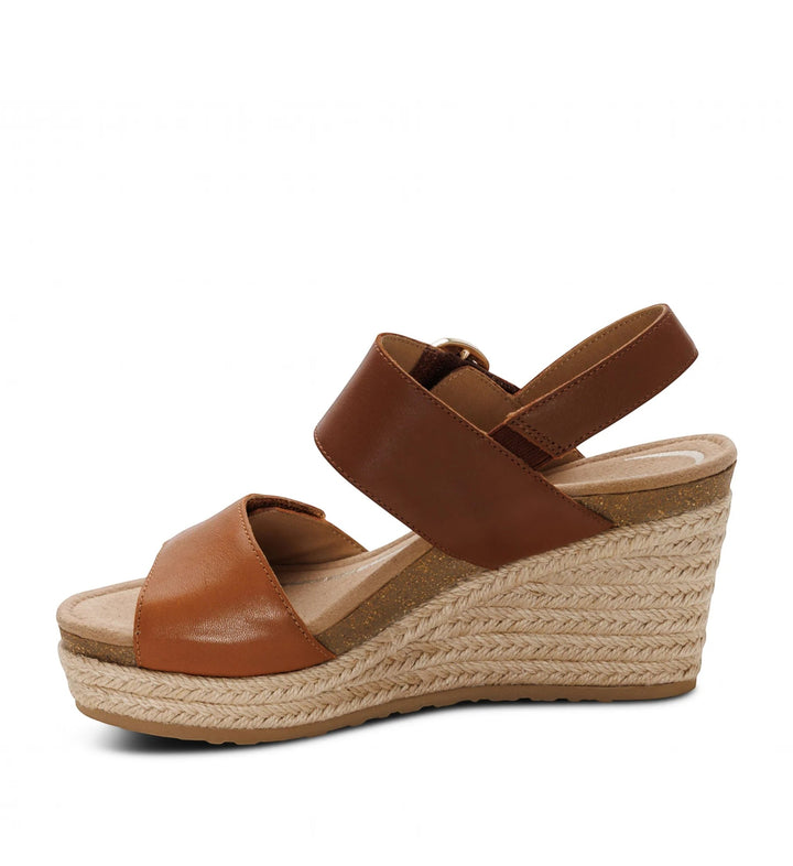 House of Florian Ashley coffee brown leather wedge sandals with a braided jute platform sole and ankle strap.