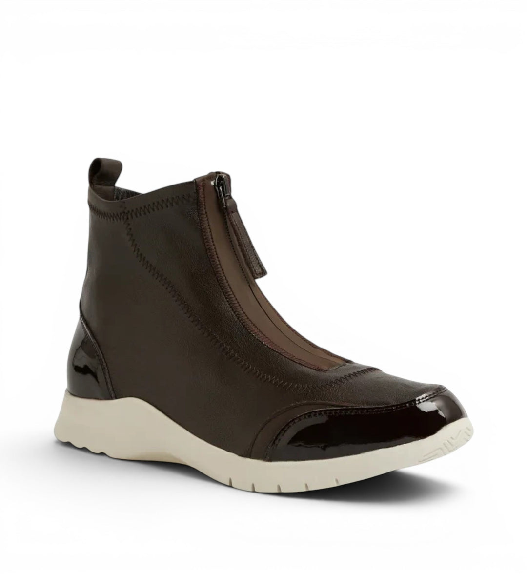 House of Florian Prinka XW Choc brown leather ankle boot with front zip closure and cream rubber sole