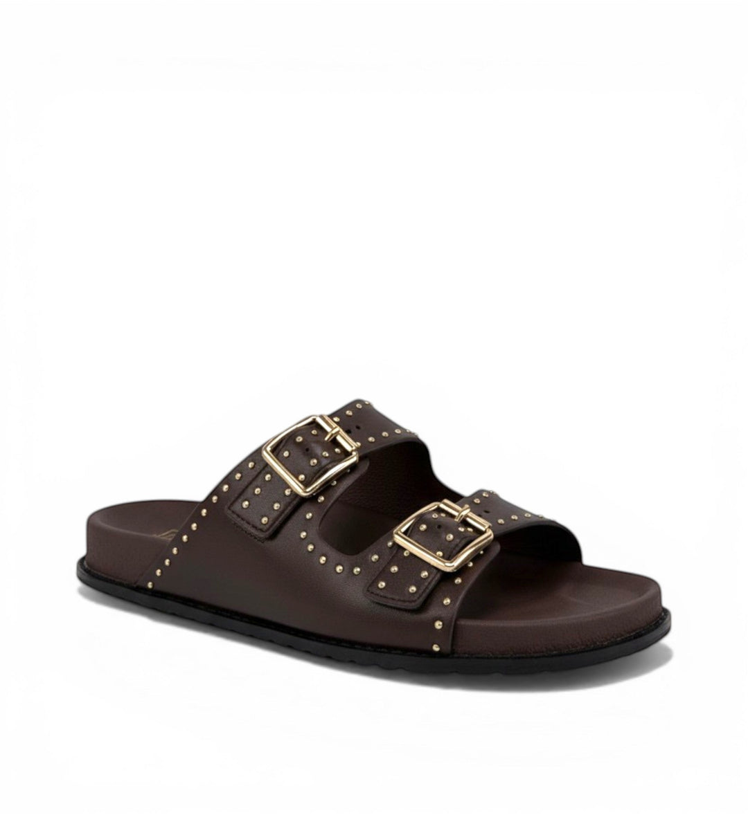 House of Florian Havro W Choc Pale brown leather double strap slide sandals with gold buckles and stud details.