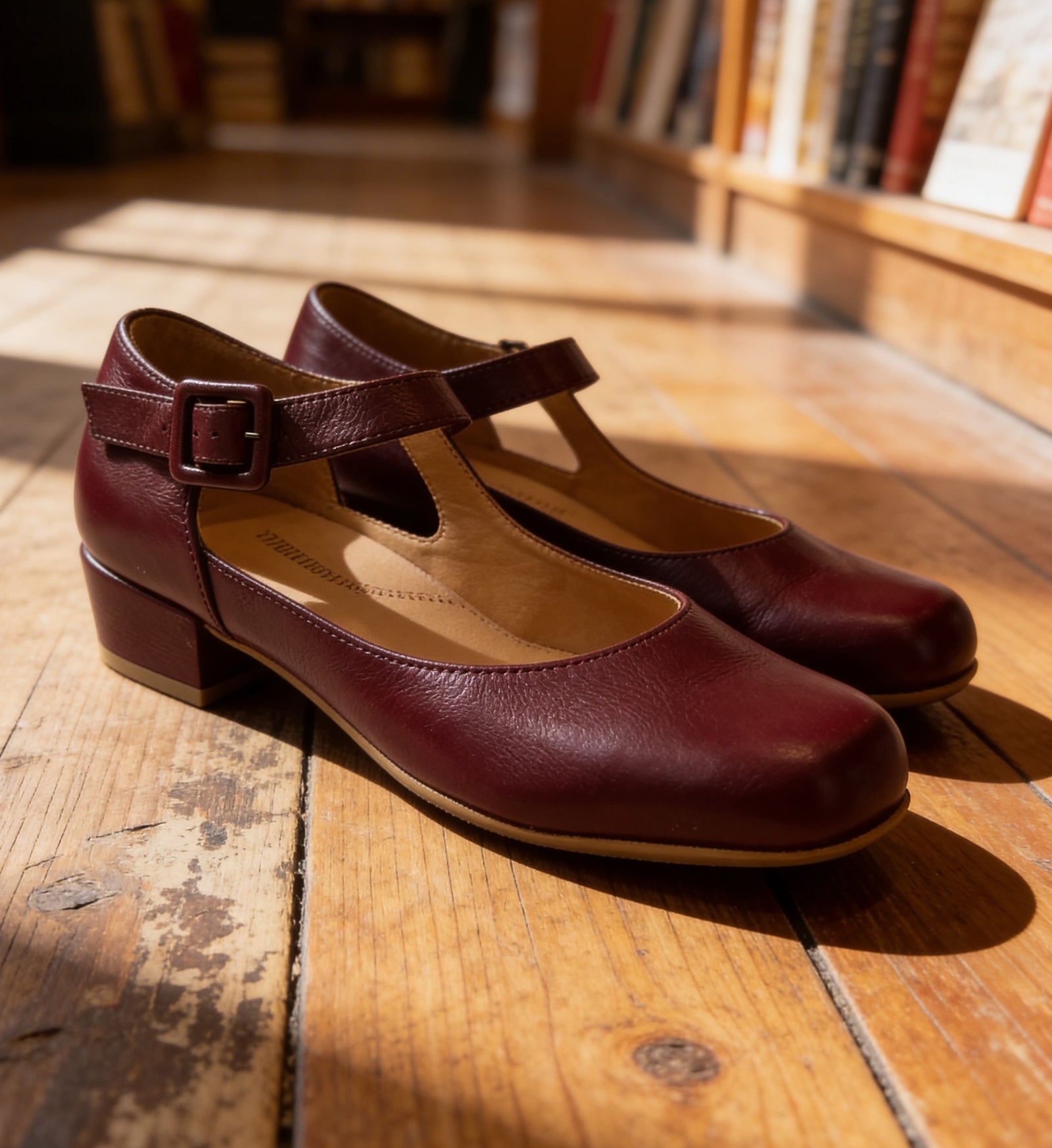 House of Florian Qango XW burgundy leather Mary Jane heels with adjustable strap and low block heel.