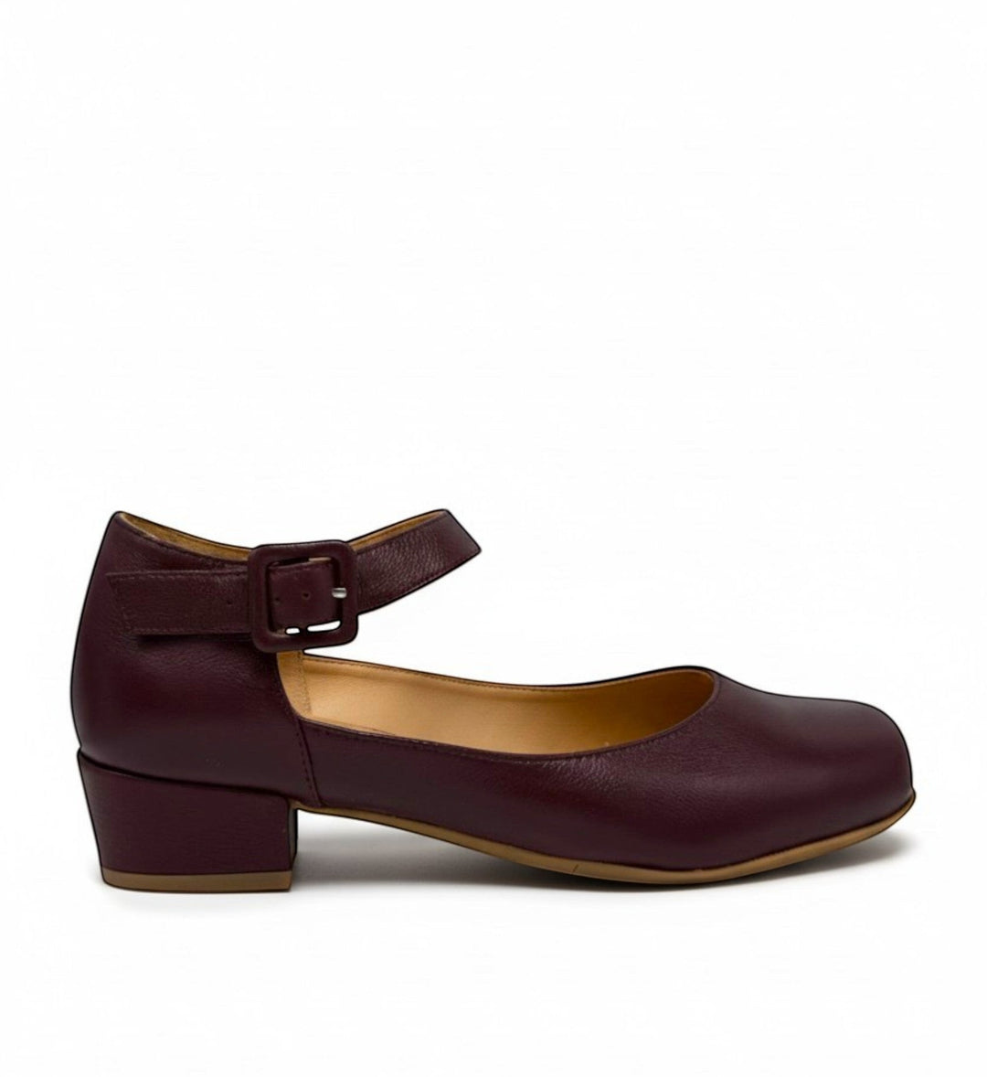 House of Florian Qango XW Burgundy leather Mary Jane heels with adjustable ankle strap and block heel.