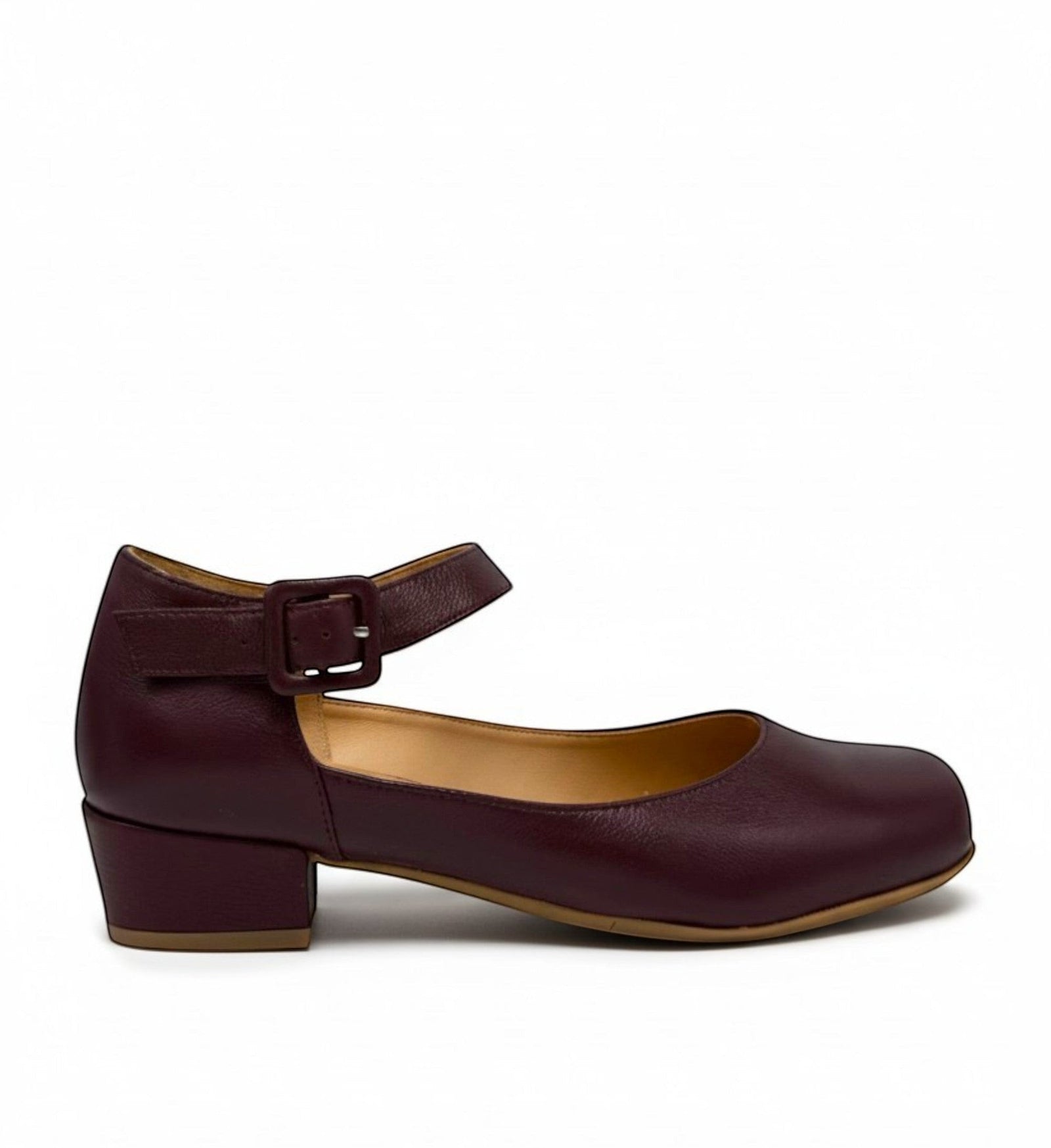 House of Florian Qango XW Burgundy leather Mary Jane heels with adjustable ankle strap and block heel.