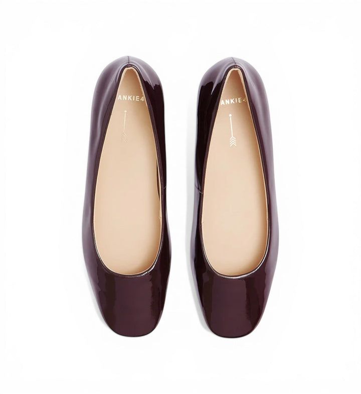 House of Florian Cleo burgundy patent leather ballet flats with a square toe.