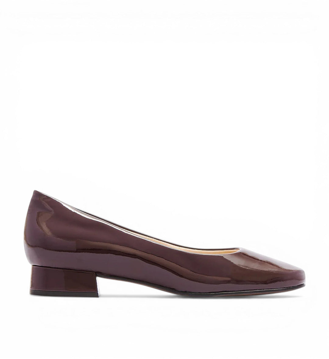 House of Florian Cleo burgundy patent leather square-toe low block heel pumps.