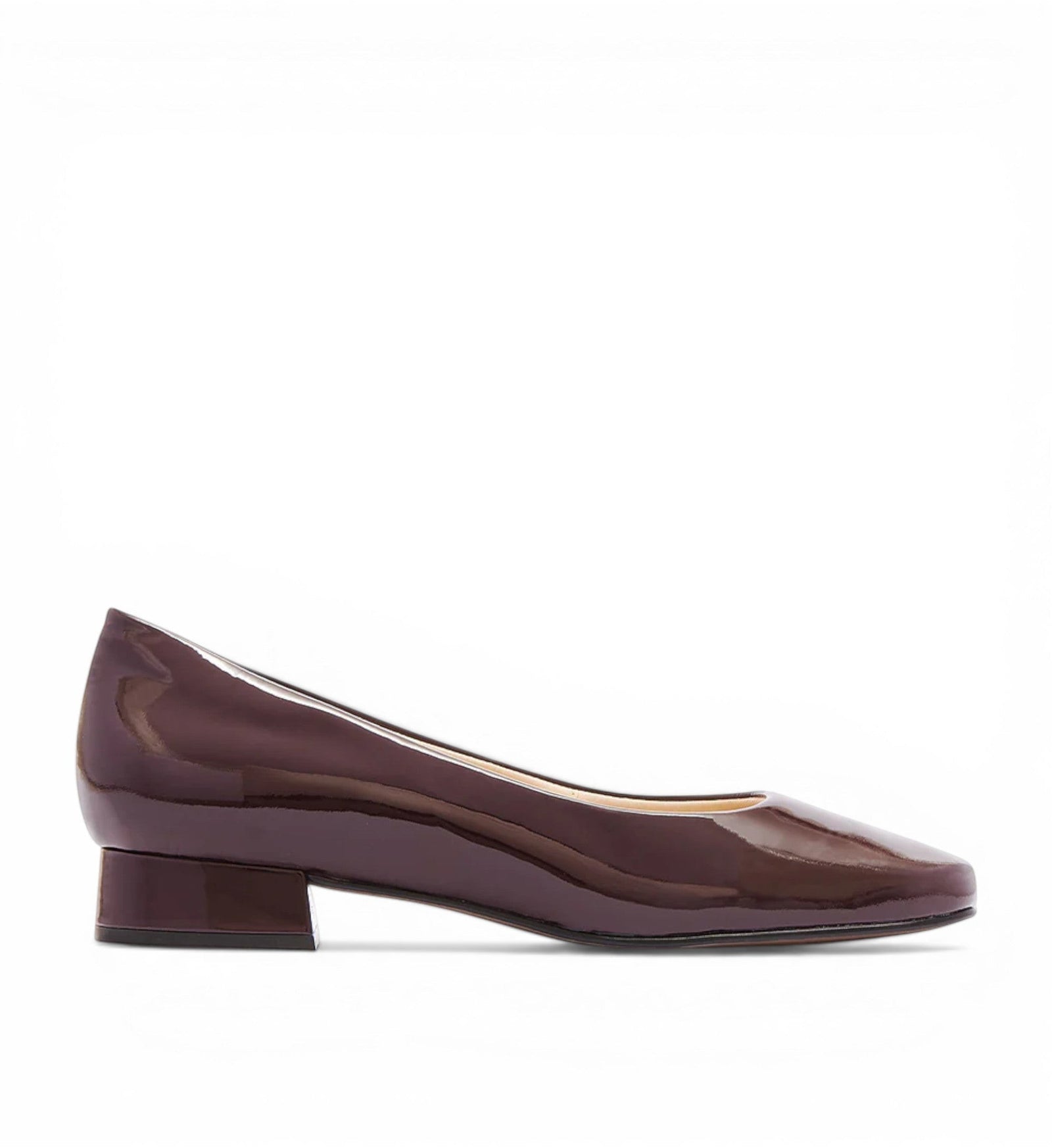 House of Florian Cleo burgundy patent leather square-toe low block heel pumps.