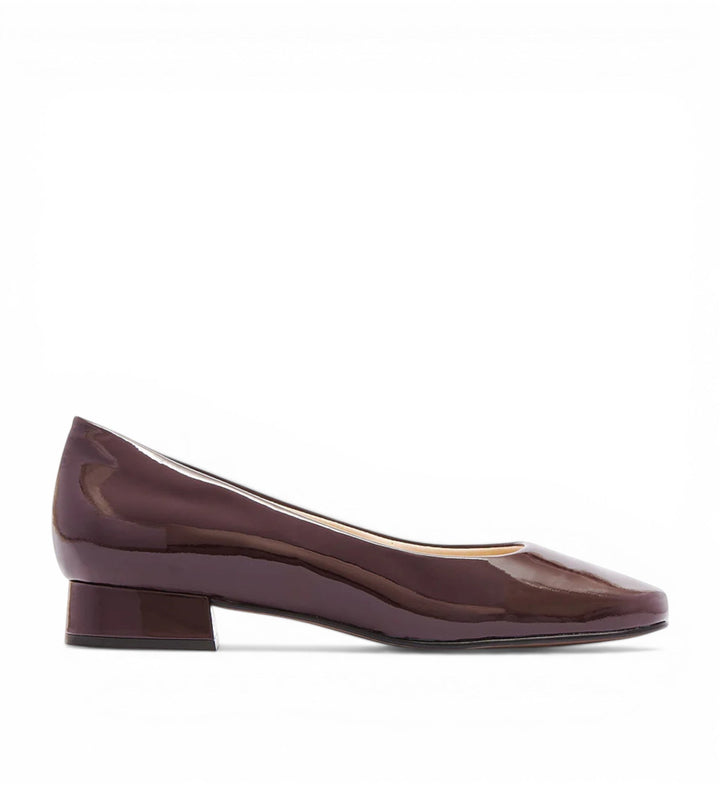 House of Florian Cleo burgundy patent leather square-toe low block heel pumps.