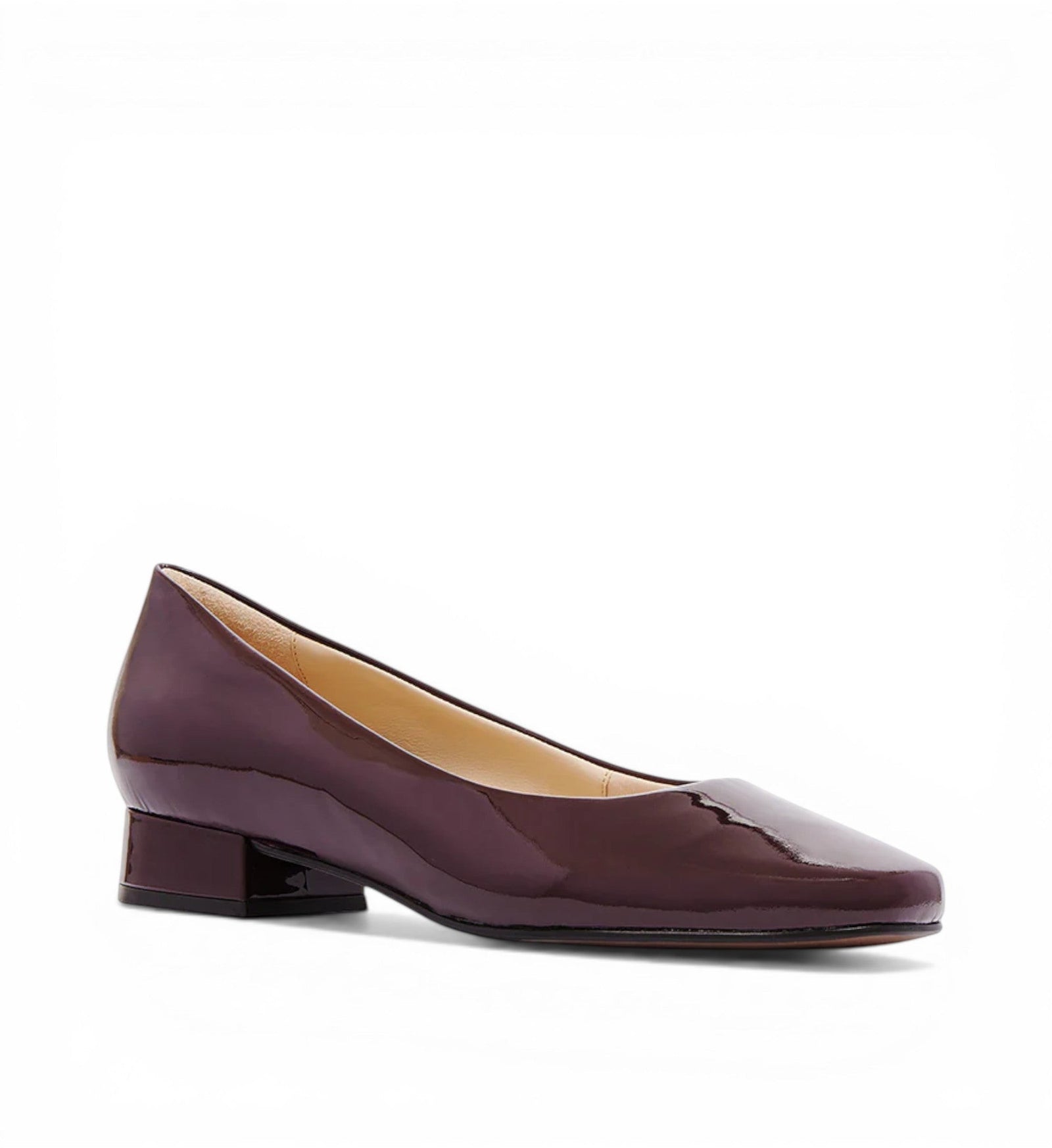House of Florian Cleo burgundy patent leather square-toe block heel pumps.