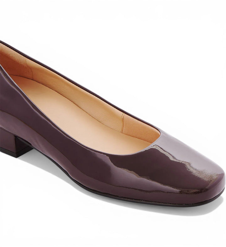 House of Florian Cleo Burgundy Patent leather square-toe low block heel pumps.