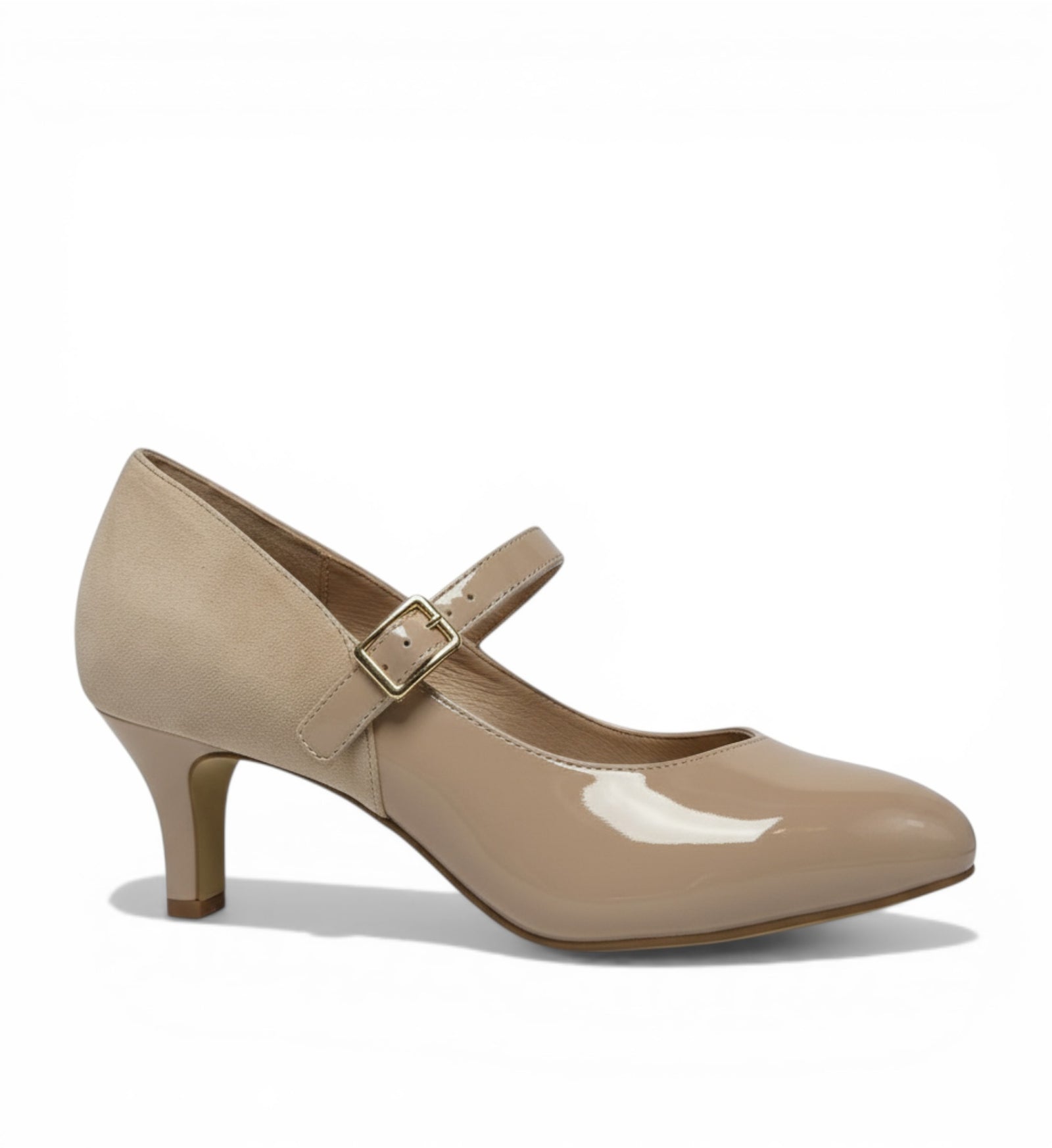 House of Florian Trell XW Heel in cafe patent suede with a strap and buckle closure. Features a pointed toe and block heel.