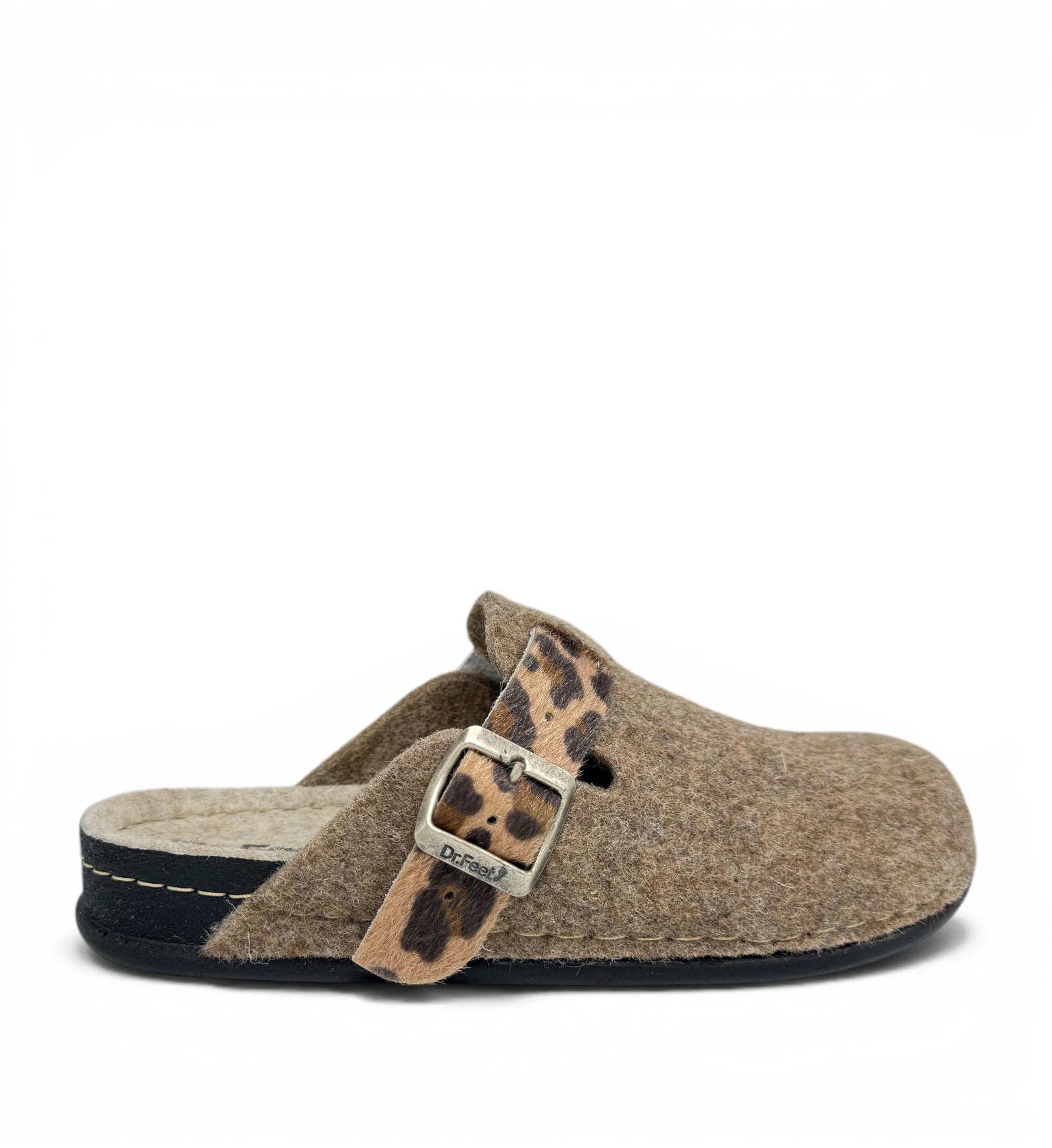 House of Florian Dr Feet honey camel felt mule slipper with a leopard print strap and adjustable metal buckle