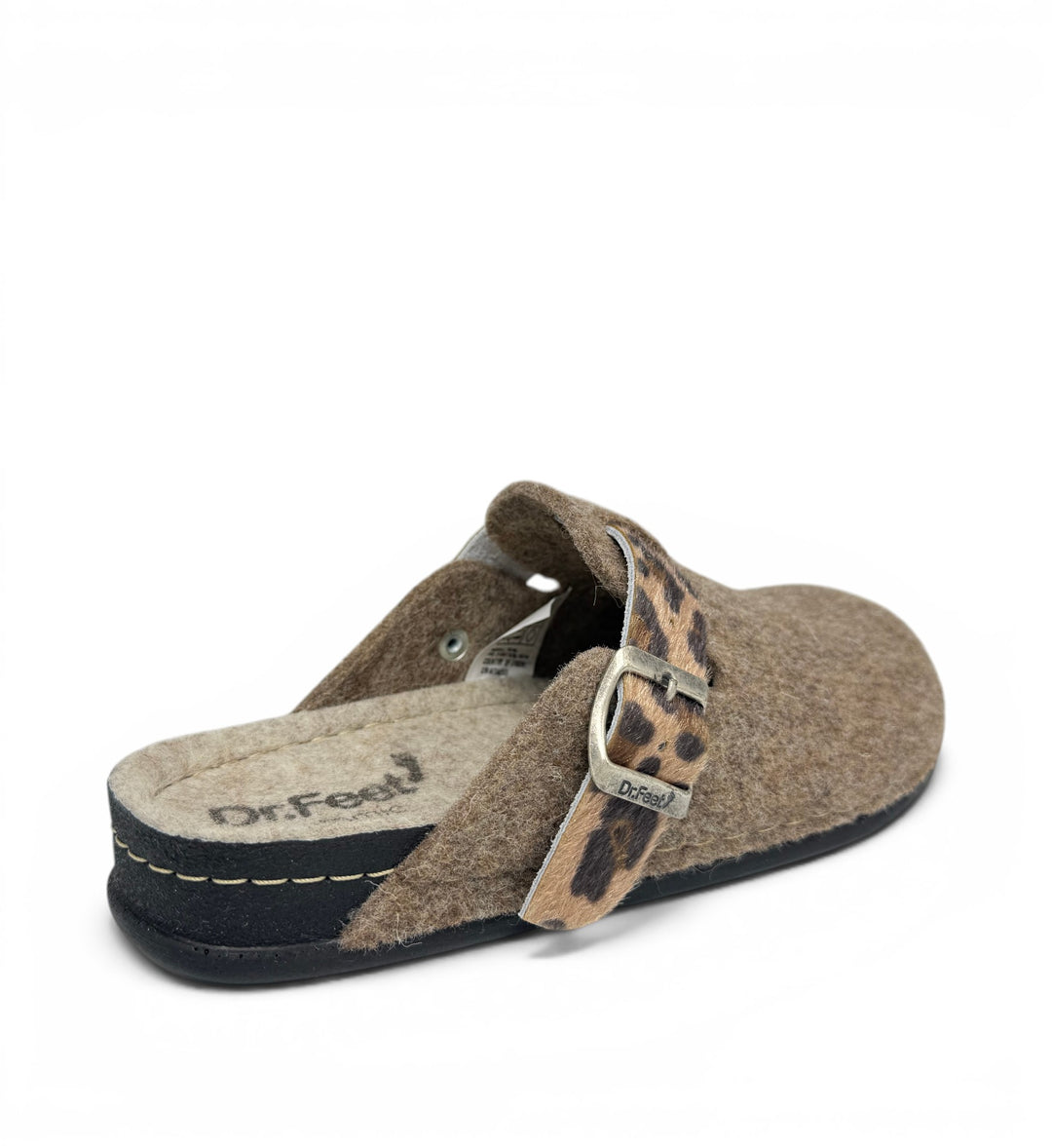 House of Florian Dr Feet  Honey camel felt mule slipper with a leopard print strap and adjustable metal buckle