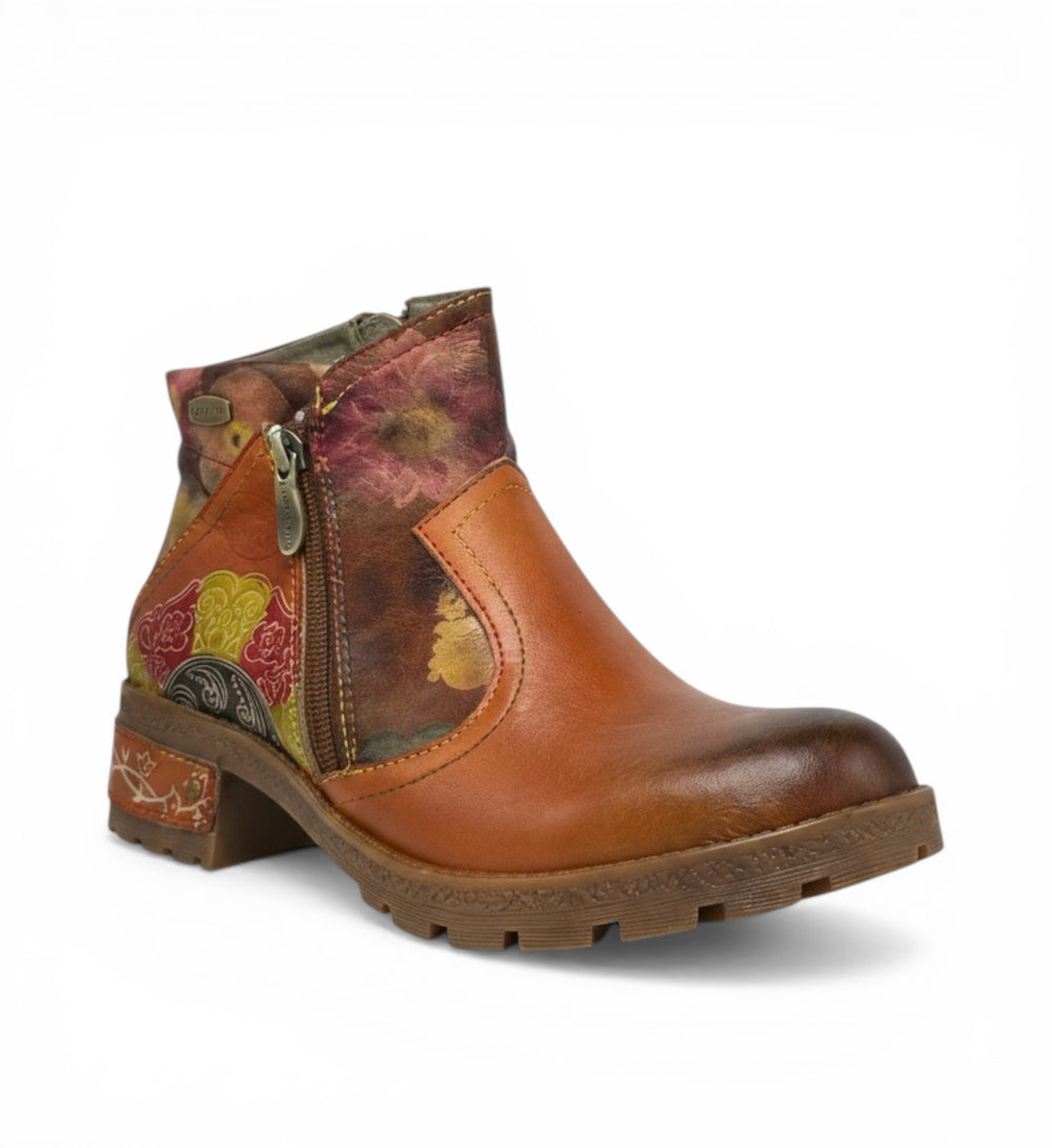 House of Florian Cocrailo 74 Camel leather ankle boots with floral print accents and side zipper.