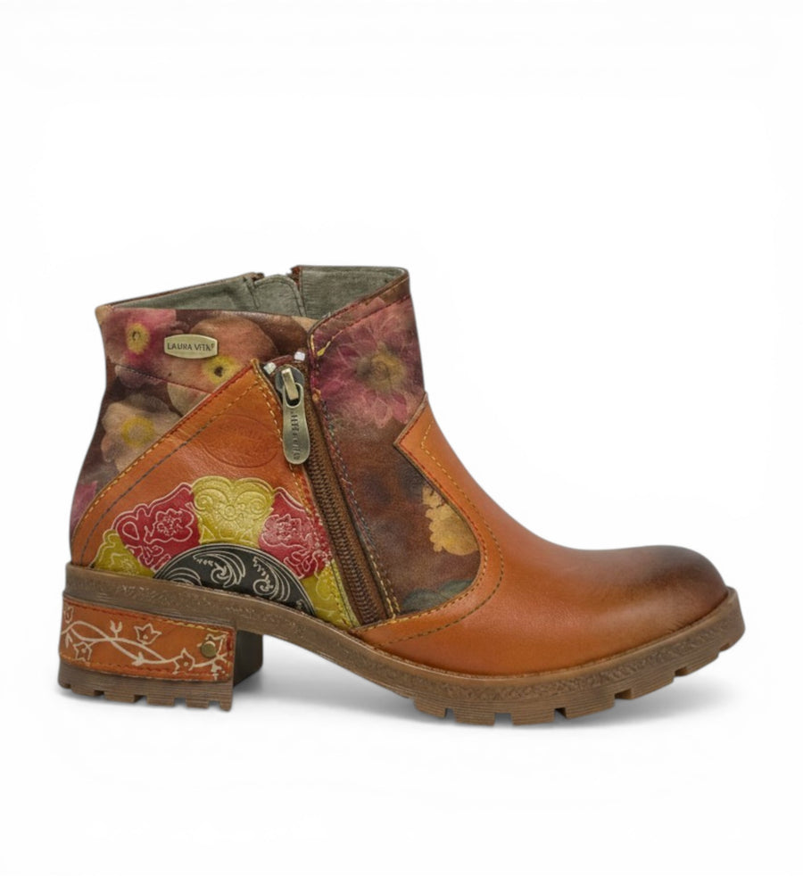House of Florian Cocrailo 74 Camel leather ankle boots with floral print and side zipper.