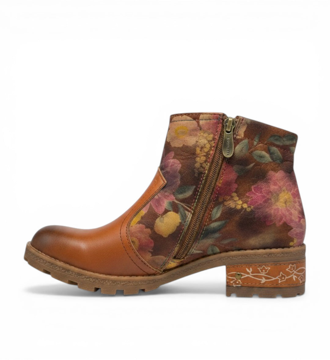 House of Florian Cocrailo 74 Camel ankle boots with floral print and side zipper. Leather.
