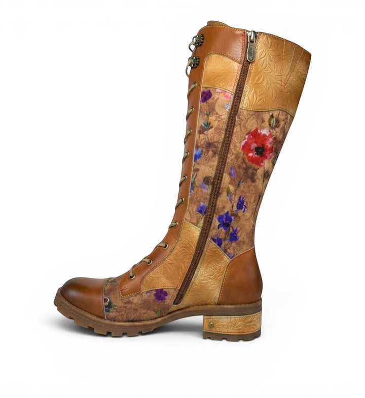House of Florian Cocrailo 63 Camel leather boots with floral print panels, lace-up front and side zip.