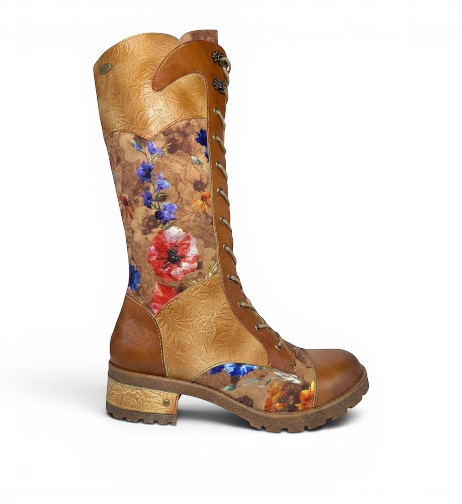 House of Florian Cocrailo 63 Camel leather knee-high boots with floral embroidery, embossed detailing, lace-up front, and side zipper.