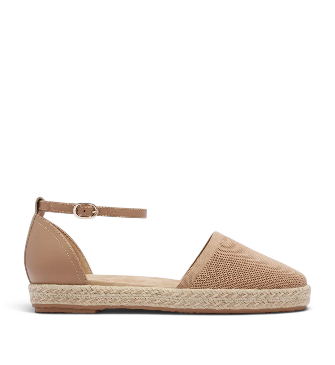 House of Florian Kit Camel Knit espadrille flat with a mesh toe, ankle strap, and braided jute sole