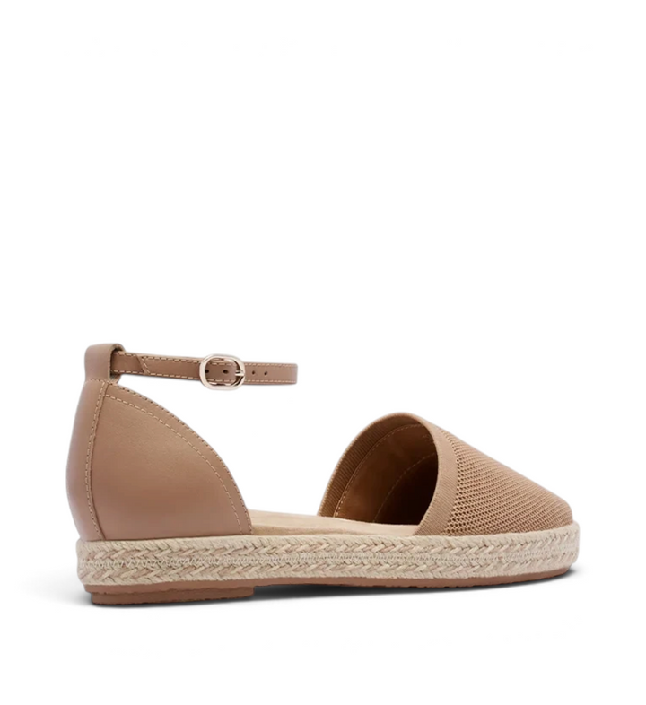House of Florian Kit camel knit espadrille flat with ankle strap and woven jute sole
