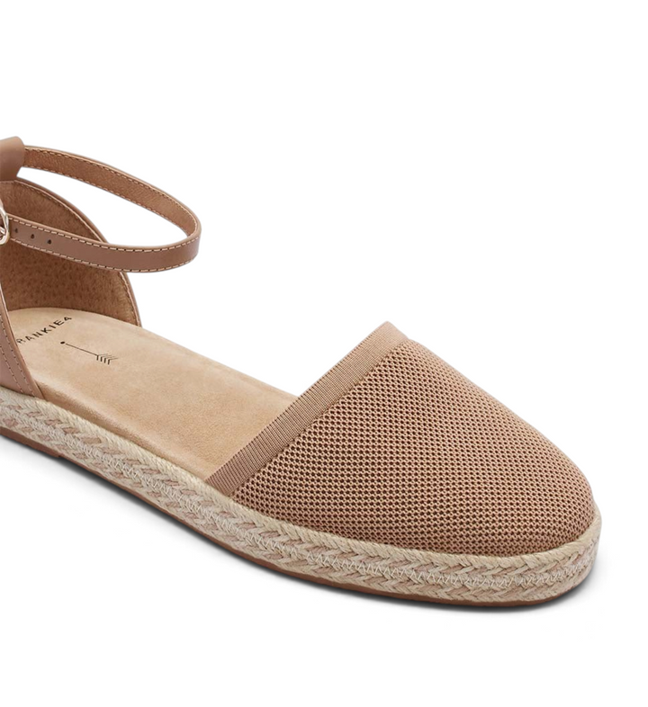 House of Florian Kit Camel Knit espadrille flat with a breathable mesh upper and adjustable ankle strap