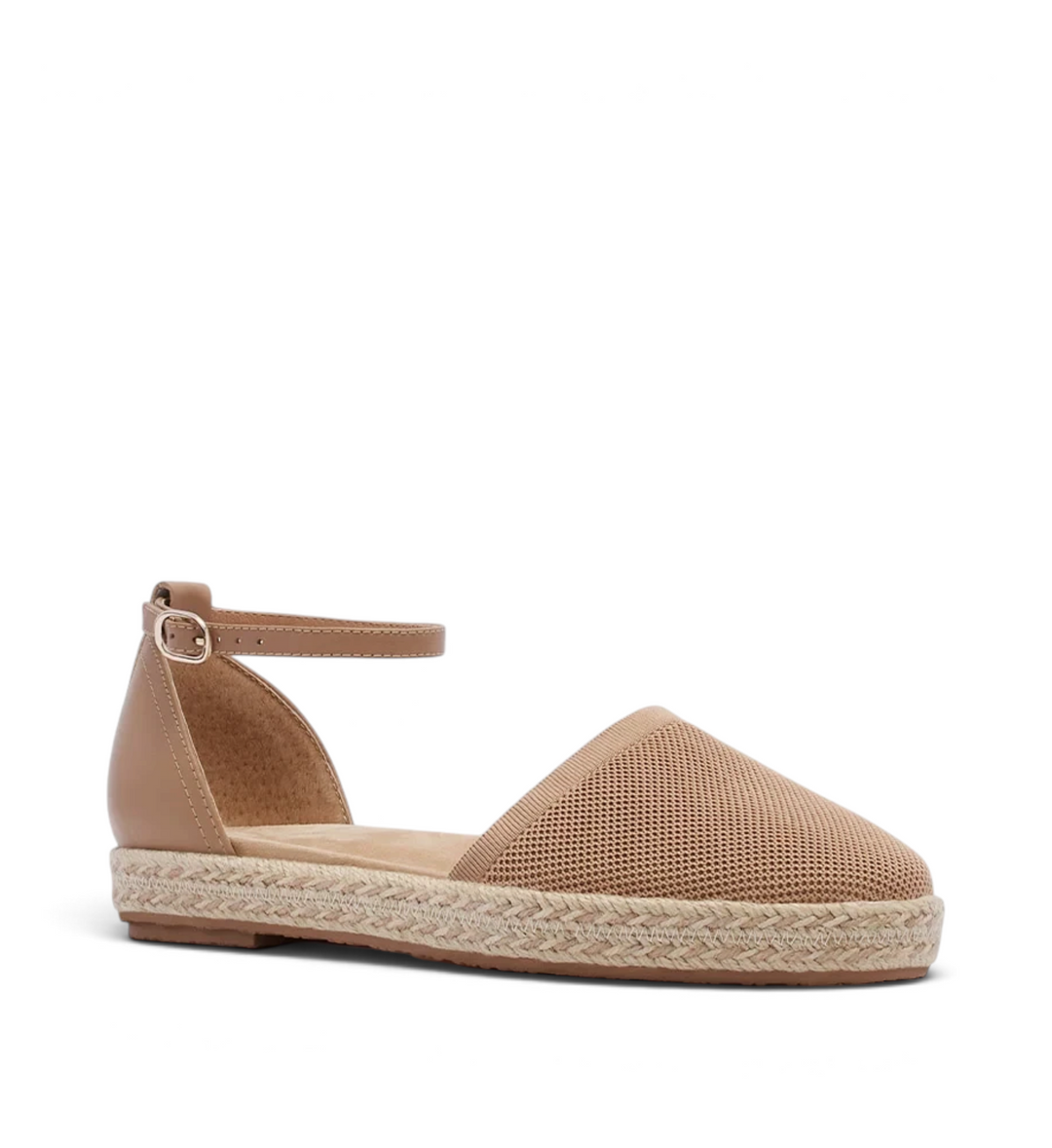 House of Florian Kit Camel Knit espadrille flat with a woven mesh upper, ankle strap, and jute-wrapped sole.