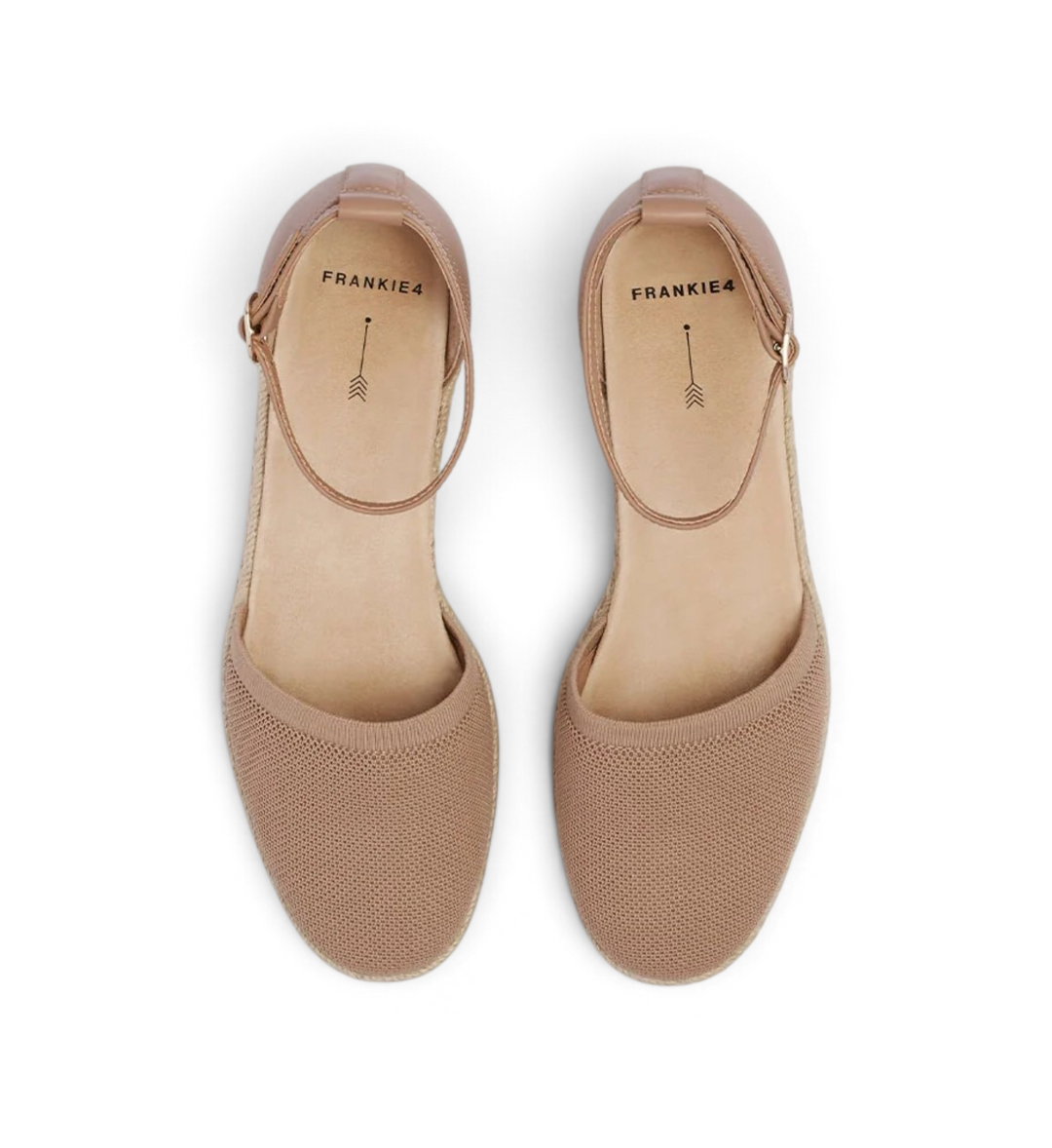 House of Florian Kit Camel Knit espadrille flats featuring a breathable mesh upper and ankle strap closure