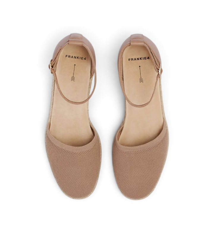 House of Florian Kit Camel Knit espadrille flats featuring a breathable mesh upper and ankle strap closure