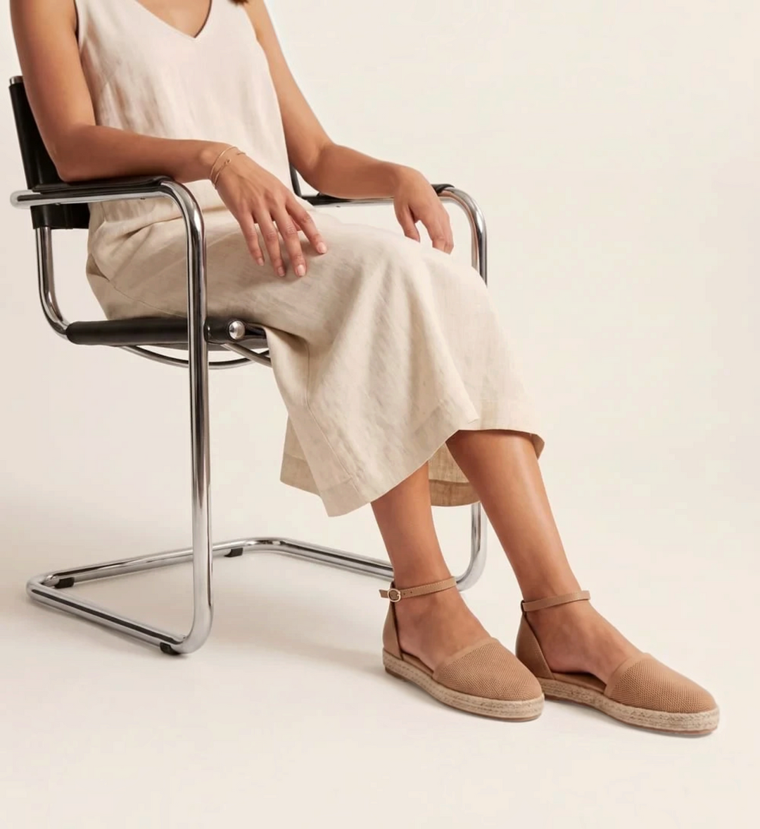 House of Florian Kit Camel Knit espadrille flats with ankle straps and woven texture worn with a linen dress