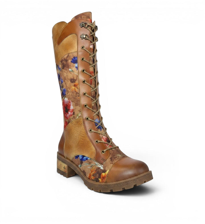 House of Florian Cocrailo 63 Camel leather knee-high boots with floral embroidery, lace-up front, and side zipper.