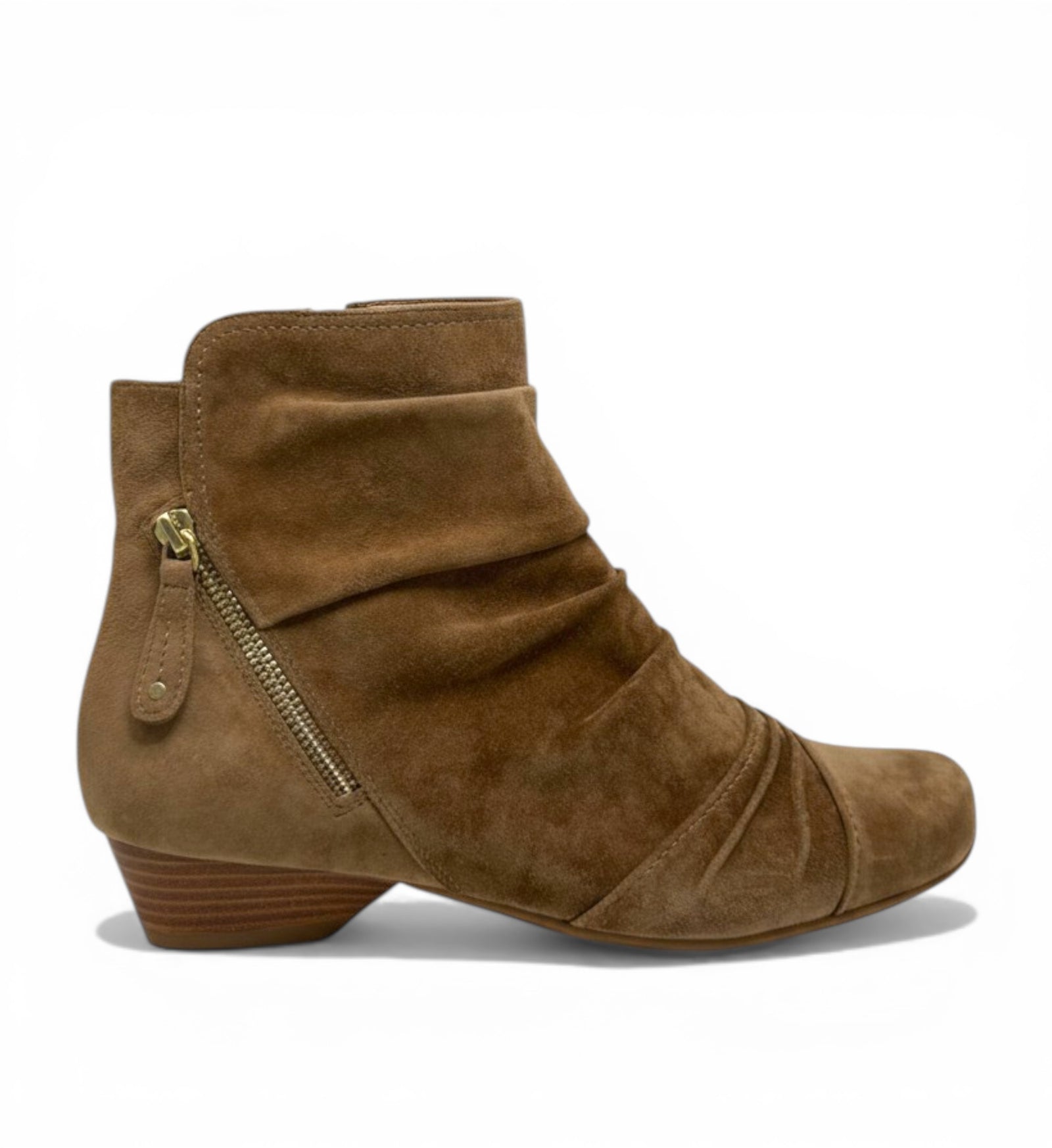 House of Florian Camryn XF Light Choc Suede ankle boots with side zip and ruched detailing.
