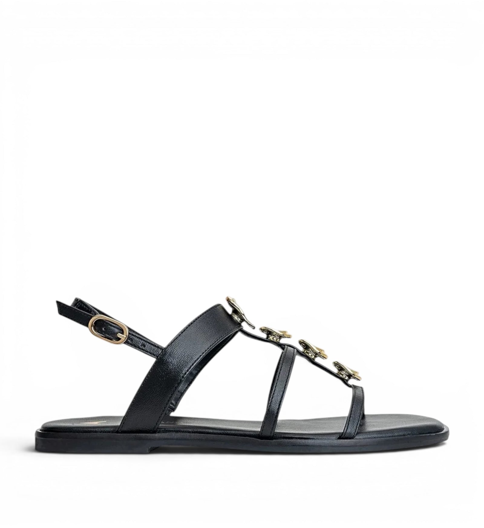 House of Florian CARRANO 777025 black leather flat sandals with gold butterfly embellishments and adjustable ankle strap.