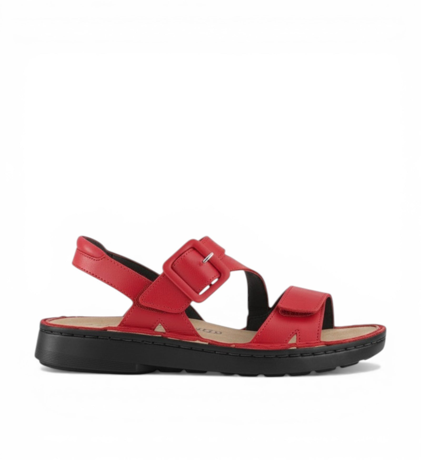 House of Florian Castelo red leather sandals with adjustable straps and buckle detail. Comfortable, everyday wear.