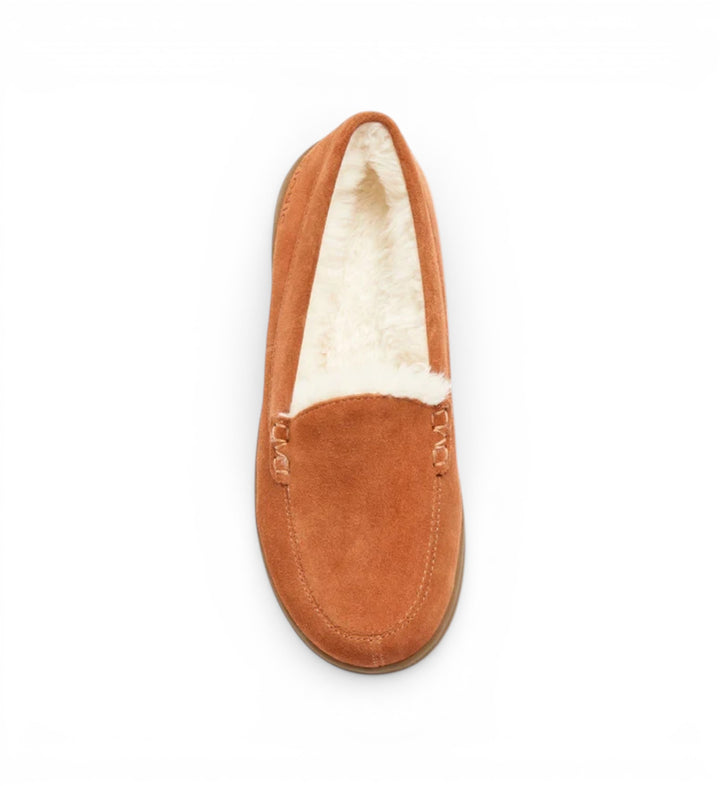 House of Florian Vionic Lynez cedar brown suede slipper with cozy white shearling lining and orthotic footbed.