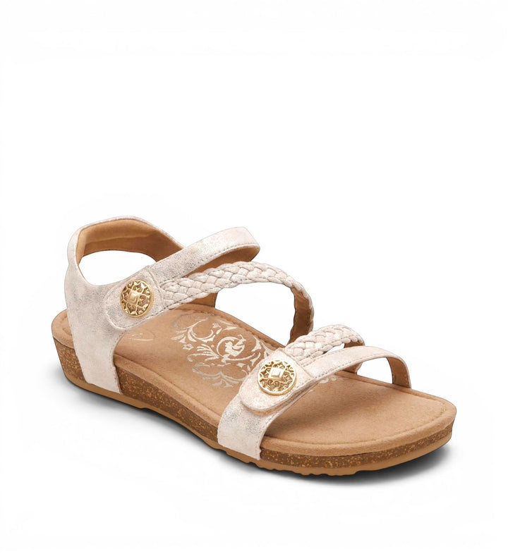 House of Florian Aextrex Jillian champagne braided quarter strap sandals with gold medallion accents and a cork-style sole.