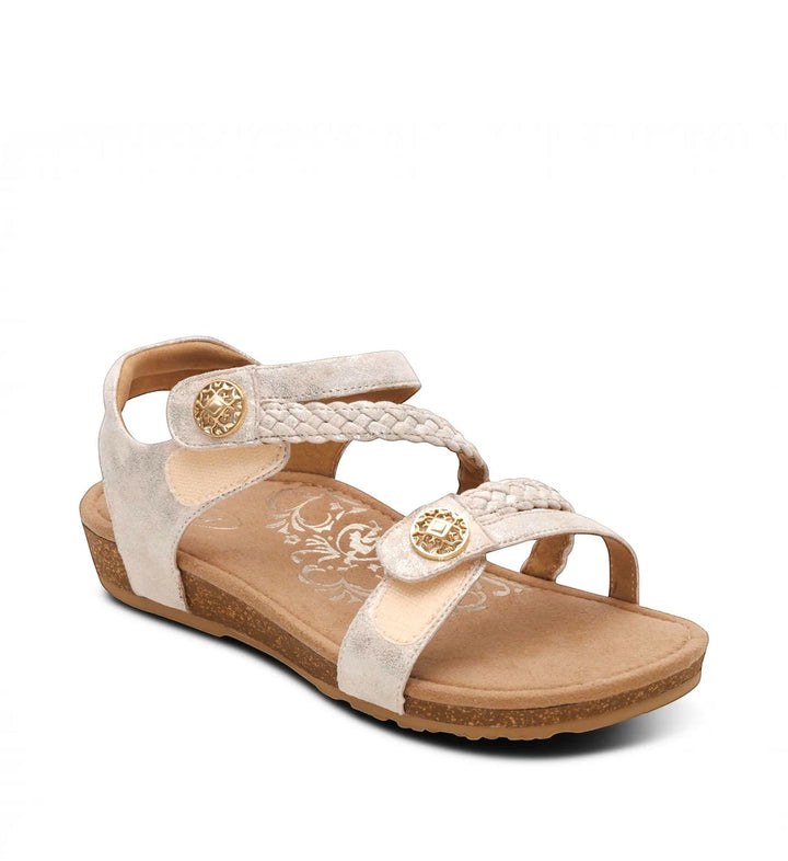 House of Florian champagne braided quarter strap sandals with gold button accents and cork-style footbed