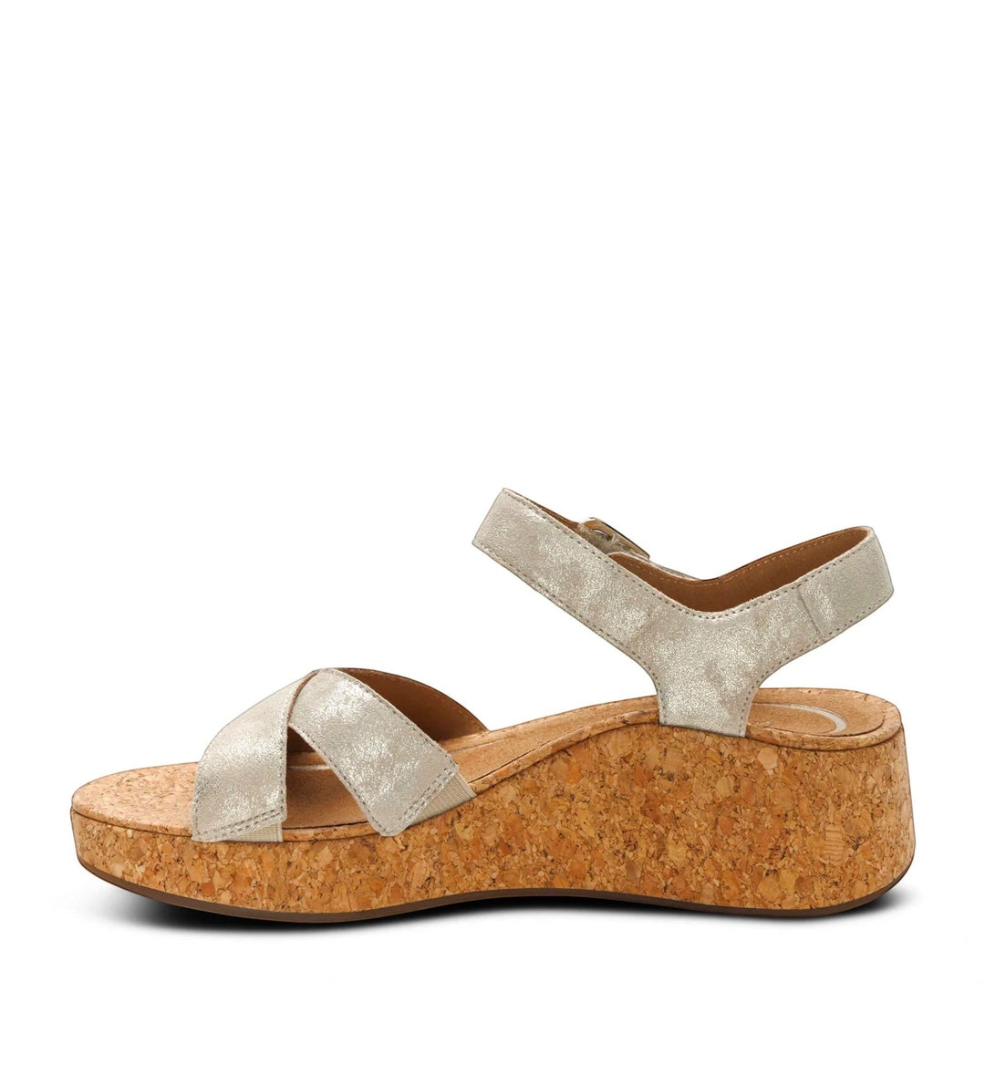House of Florian Flora Champagne wedge sandals with metallic silver crossover straps and a natural cork platform sole.