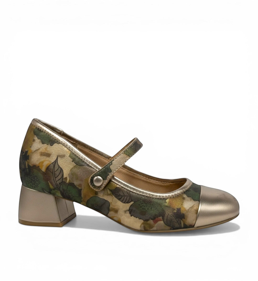 House of Florian Zilla W Champagne Forest Flower Mary Jane shoes with a floral print and metallic toe cap.