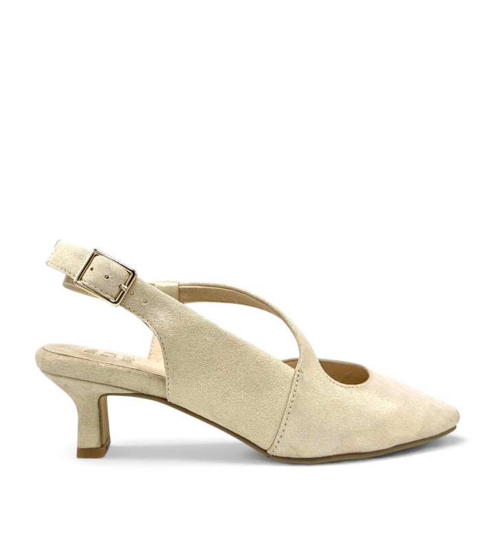 House of Florian Orello XW champagne shimmer slingback kitten heel with a pointed toe and gold buckle detail